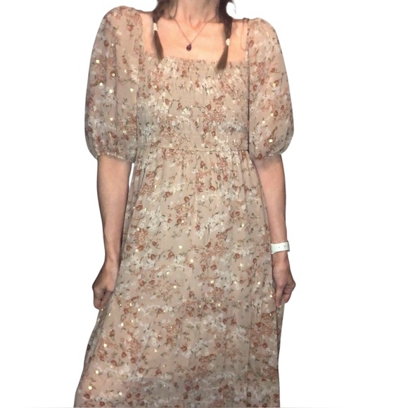 Audrey Parks For Francesca's Smocked Dress M Puff Sleeve Cottage Romantic Floral - Picture 3 of 9